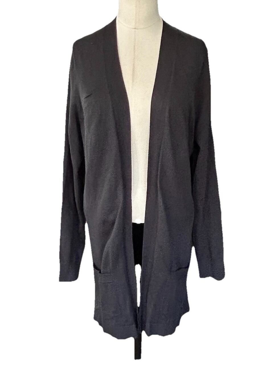 Lands' End Black Long Cardigan Womens Medium Open Front Knit Duster Sweater